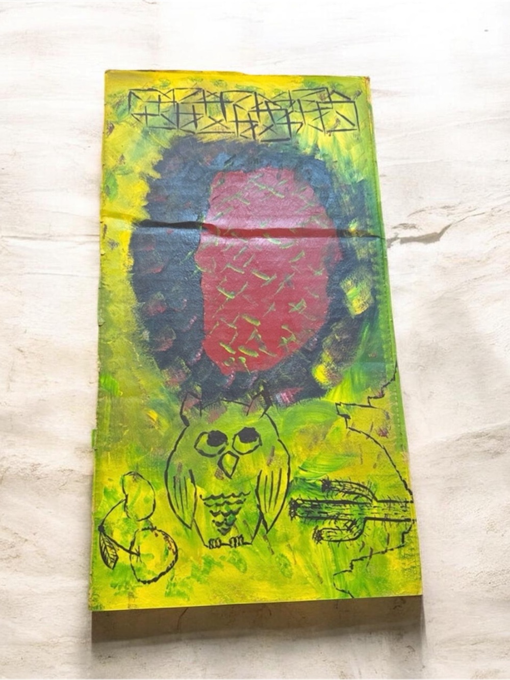 Abstract Owl Home Art Print in Green and Red by